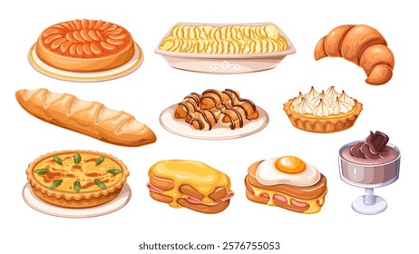 French cuisine, restaurant and homemade menu cartoon set. Baked baguette and lemon cream tart, Croque Monsieur and Madame, profiteroles. French food mascots, cartoon collection vector illustration