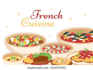 French Cuisine Restaurant with Various Traditional or National Food Dish of France on Flat Style Cartoon Hand Drawn Templates Illustration