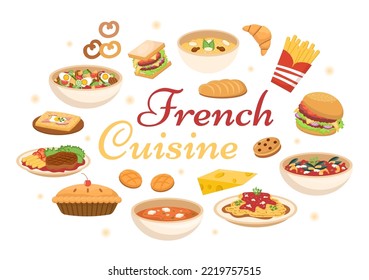 French Cuisine Restaurant with Various Traditional or National Food Dish of France on Flat Style Cartoon Hand Drawn Templates Illustration