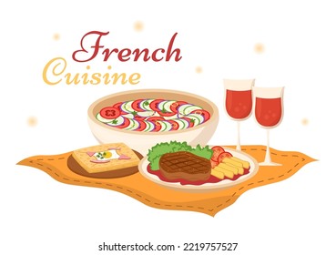 French Cuisine Restaurant with Various Traditional or National Food Dish of France on Flat Style Cartoon Hand Drawn Templates Illustration