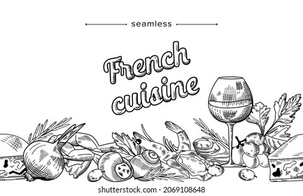 French Cuisine Seamless Monochrome Pattern. Delicacy Meals Wine, Snails and Olives with Shrimps, Fresh Herbs and Cheese with Onion and Mussels Engraving Drawing Frame. Linear Vector Illustration