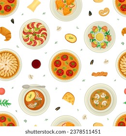 Diseño de patrones sin inconvenientes de cocina francesa con una plantilla de vectores con vista superior de plato