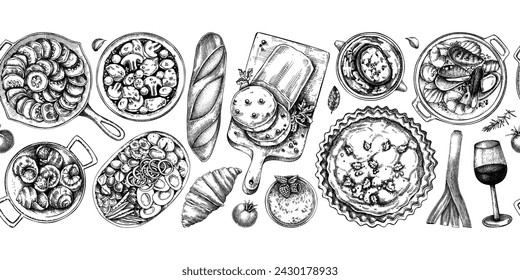 French cuisine seamless ribbon. Traditional food from France sketches. French restaurant background. Hand-drawn food illustration, NOT AI generated