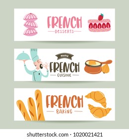 French cuisine. A set of French dishes. Banner templates, icons. Cheerful chef with a dish makes a gesture with his hands signifying what is this dish delicious.