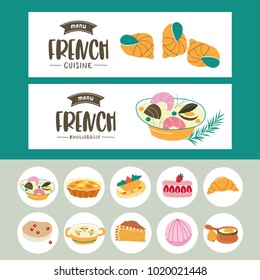 French cuisine. A set of French dishes. Banner templates, icons. Traditional dish. Escargot.