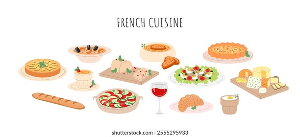 French cuisine set. Dishes and food. Ratatouille, foie gras, bouillabaisse, tarte tatin, creme brulee, salad nicoise, baguette, wine, croissant, onion soup, egg cocotte, cheese. Vector illustration