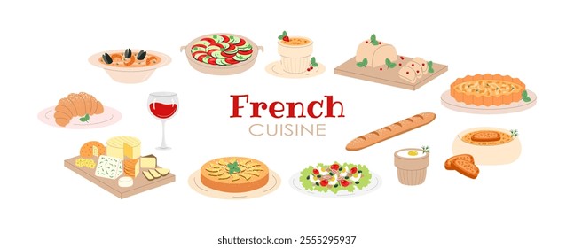 French cuisine set. Dishes and food. Ratatouille, foie gras, bouillabaisse, tarte tatin, creme brulee, salad nicoise, baguette, wine, croissant, onion soup, egg cocotte, cheese. Banner, poster