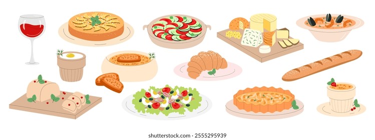 French cuisine set. Dishes and food. Ratatouille, foie gras, bouillabaisse, tarte tatin, creme brulee, salad nicoise, baguette, wine, croissant, onion soup, egg cocotte, cheese. Vector illustration