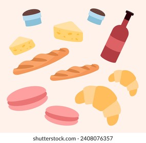French cuisine set. Traditional french products. Baguette and wine, cheese and sausage. Ingredients for cafe and restaurant in France. Cartoon flat vector collection isolated on beige background