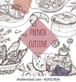 Plantilla de cocina francesa. Incluye un boceto hecho a mano de sopa de cebolla, coq au vin, cruasán, plato de queso, salchichas, escargoles, aceitunas y especias. Ideal para restaurantes, cafés, recetas y libros de viajes.