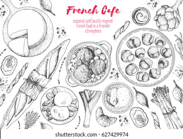 French cuisine top view frame. A set of classic French dishes with bakery, beef bourguignon, escargot, poached eggs, onion soup. Food menu design template. Hand drawn sketch vector illustration.