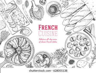 French cuisine top view frame. A set of classic French dishes with ratatouille, cheese, escargot, artichoke, bakery. Food menu design template. Hand drawn sketch vector illustration.