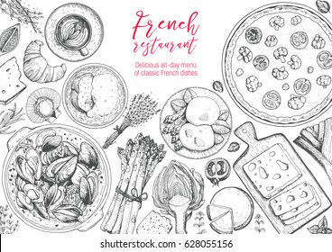 French cuisine top view frame. A set of classic French dishes with quiche lorraine, mussels, poached eggs, onion soup, bakery. Food menu design template. Hand drawn sketch vector illustration.