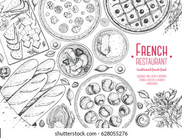 French cuisine top view frame. A set of classic French dishes with pissaladier, bakery, escargot, onion soup, quiche lorraine. Food menu design template. Hand drawn sketch vector illustration.