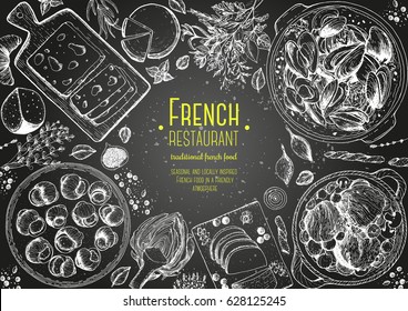 French cuisine top view frame. A set of classic French dishes with beef bourguignon, mussels, escargot, foie gras, cheese, artichoke . Food menu design template. Hand drawn sketch vector illustration.