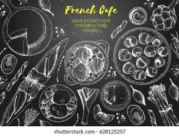 French cuisine top view frame. A set of classic French dishes with bakery, beef bourguignon, escargot, poached eggs, onion soup. Food menu design template. Hand drawn sketch vector illustration.