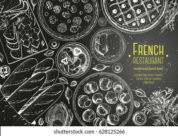 French cuisine top view frame. A set of classic French dishes with pissaladier, bakery, escargot, onion soup, quiche lorraine. Food menu design template. Hand drawn sketch vector illustration.