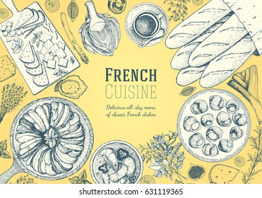 French cuisine top view frame. A set of classic French dishes with ratatouille, cheese, escargot, artichoke, bakery. Food menu design template. Hand drawn sketch vector illustration.