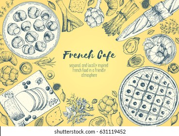 French cuisine top view frame. A set of classic French dishes with escargot, foie gras, bakery, pissaladier, shrimps. Food menu design template. Hand drawn sketch vector illustration.