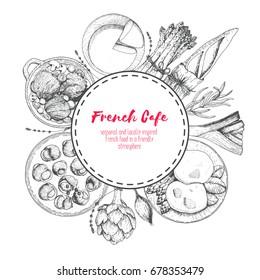 French cuisine top view, label concept. A set of classic French dishes with bakery, beef bourguignon, escargot, poached eggs, onion soup. Food menu design template. Sketch vector illustration