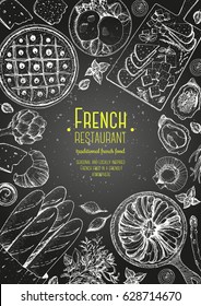 French cuisine top view, verical frame. A set of French dishes with bakery, poached eggs, pissaladier, ratatouille, oysters, cheese. Food menu design template. Hand drawn sketch vector illustration.