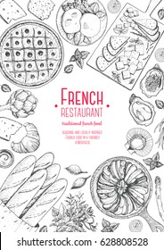 French cuisine top view, verical frame. A set of French dishes with bakery, poached eggs, pissaladier, ratatouille, oysters, cheese. Food menu design template. Hand drawn sketch vector illustration.