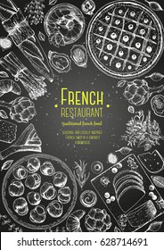 French cuisine top view, vertical frame. A set of French dishes with escargot, foie gras, bakery, pissaladier, shrimps. Food menu design template. Hand drawn sketch vector illustration.