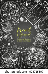 French cuisine top view, vertical frame. A set of French dishes with beef bourguignon, mussels, escargot, foie gras, cheese, artichoke. Food menu design template. Hand drawn sketch vector illustration