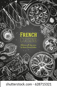 French cuisine top view, vertical frame. A set of French dishes with ratatouille, cheese, escargot, artichoke, bakery. Food menu design template. Hand drawn sketch vector illustration.