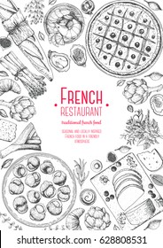 French cuisine top view, vertical frame. A set of French dishes with escargot, foie gras, bakery, pissaladier, shrimps. Food menu design template. Hand drawn sketch vector illustration.