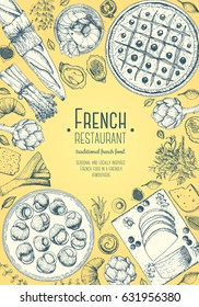 French cuisine top view, vertical frame. A set of French dishes with escargot, foie gras, bakery, pissaladier, shrimps. Food menu design template. Hand drawn sketch vector illustration.