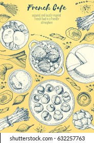 French cuisine top view, vertical frame. A set of French dishes with bakery, beef bourguignon, escargot, poached eggs, onion soup. Food menu design template. Hand drawn sketch vector illustration.