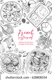 French cuisine top view,vertical frame. A set of French dishes with beef bourguignon, mussels, escargot, foie gras, cheese, artichoke . Food menu design template. Hand drawn sketch vector illustration