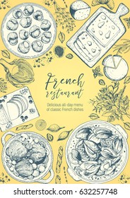 French cuisine top view,vertical frame. A set of French dishes with beef bourguignon, mussels, escargot, foie gras, cheese, artichoke . Food menu design template. Hand drawn sketch vector illustration