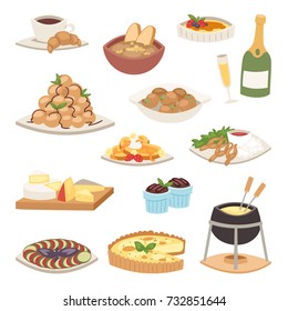 French cuisine traditional food delicious meal healthy dinner lunch continental Frenchman gourmet plate dish vector illustration.