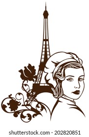 French cuisine vector emblem - beautiful female chef and eiffel tower among rose flowers