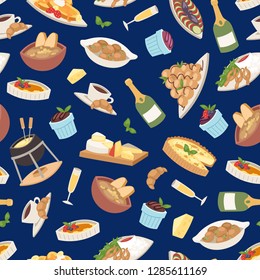 French cuisine vector illustration. Croissant, cheese fondue, champagne glass, frog legs seamless pattern background tasty food and cuisine, dinner, food delicious elements.