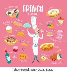 French cuisine. Vector illustration. A large set of traditional French dishes with inscriptions. The chef makes a hand gesture signifying how this dish delicious.