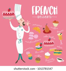 French cuisine. Vector illustration. A large set of traditional French dishes with inscriptions. The chef makes a hand gesture signifying how this dish delicious.