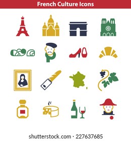 French Culture Icon Set. Colorful Signs of France