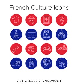 French Culture Icons, Culture Signs of France, Traditions of France, French Life, National Objects of France, Line Icons, Stroke Icons, French Culture Line Icons