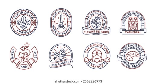 French culture and landmarks logos, labels, icons. A set of 8 french logotypes like Fleur de Lys, baguette, cabaret, gallic cock. For travel agencies, french bakeries, wineries. Vector illustration