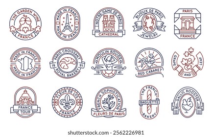 French culture and landmarks logos, labels, icons. A set of 15 french logotypes like Fleur de Lys, baguette, cabaret, gallic cock. For travel agencies, french bakeries, wineries. Vector illustration