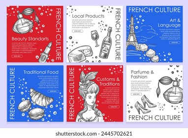 French culture social media banner, post set. National template design with france beauty standards, local products and traditional food, vector illustration. Art and language, customs collection