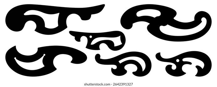 French Curves Set. Drafting Tools. Black and white vector cliparts isolated on white.