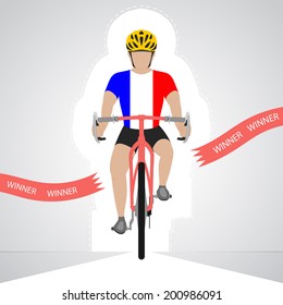 French cyclist in front view crossing red finish line vector isolated illustration