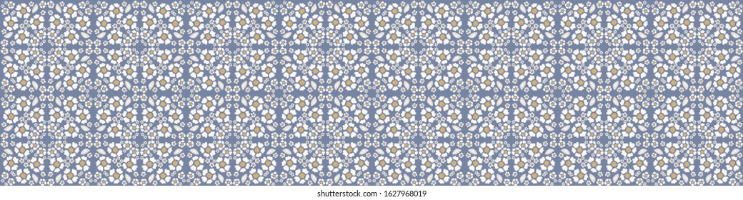 French damask shabby chic floral linen vector texture border background. Pretty daisy flower banner seamless pattern. Hand drawn floral interior home decor ribbon trim. Classic rustic farmhouse style.