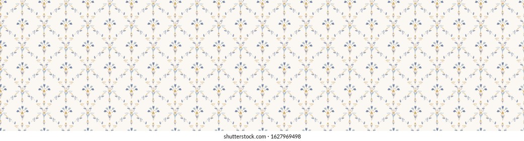 French damask shabby chic floral linen vector texture border background. Pretty daisy flower banner seamless pattern. Hand drawn floral interior home decor ribbon trim. Classic rustic farmhouse style.
