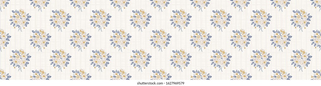 French damask shabby chic floral linen vector texture border background. Pretty daisy flower banner seamless pattern. Hand drawn floral interior home decor ribbon trim. Classic rustic farmhouse style.
