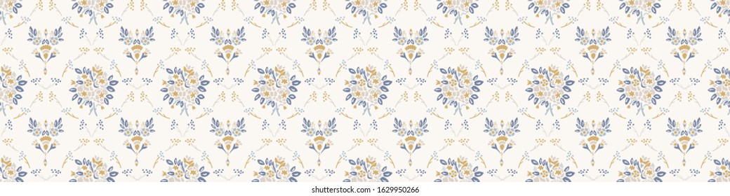 French damask shabby chic floral linen vector texture border background. Pretty daisy flower banner seamless pattern. Hand drawn floral interior home decor ribbon trim. Classic rustic farmhouse style.